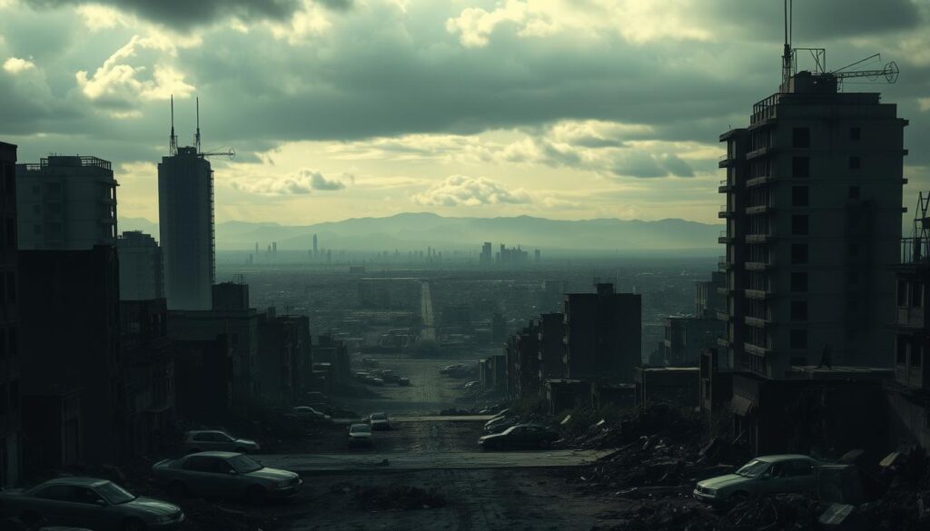 A bleak, post-apocalyptic cityscape under a gloomy, overcast sky. In the foreground, crumbling skyscrapers and abandoned cars litter the ruined streets, casting long shadows. In the middle ground, a desolate urban landscape with overgrown debris and dilapidated structures. In the background, a hazy horizon where the silhouettes of distant mountains loom ominously. The scene is bathed in a muted, desaturated color palette, conveying a sense of hopelessness and decay. Harsh, directional lighting creates deep shadows and highlights the worn, weathered textures of the environment. The overall mood is one of eerie stillness, as if the world has been abandoned to the ravages of time and neglect.