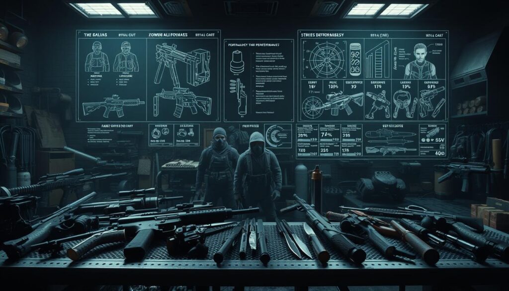 A dimly lit post-apocalyptic armory, illuminated by the soft glow of LED panels. In the foreground, an array of high-tech firearms and melee weapons, including assault rifles, shotguns, and serrated combat knives, meticulously arranged on a metal workbench. The middle ground features a set of tactical body armor, gas masks, and other specialized equipment, hinting at the extreme conditions faced by the "Zombie Killer" heroes. In the background, a large holographic display showcases detailed schematics and performance metrics for each piece of equipment, providing a sense of the advanced technology available to combat the undead threat. The overall atmosphere is one of gritty determination, as the viewer is transported to the heart of the "Streets Apocalypse" battlefield.