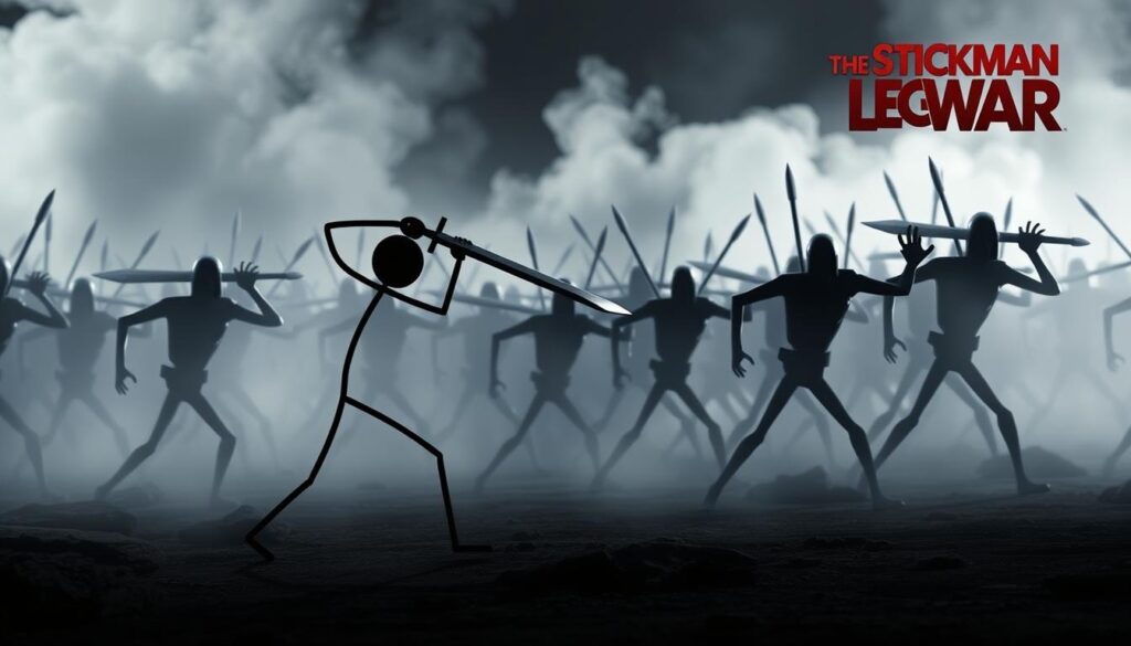 A dynamic stickman figure, poised and ready for battle, stands in the foreground, wielding a powerful sword. The stickman's sharp movements and intense focus convey a sense of determination and skill. In the middle ground, a horde of enemy stickmen approach, their jagged limbs and menacing poses suggesting a formidable challenge. The background is shrouded in an atmospheric mist, creating a sense of mystery and tension. Dramatic lighting from the side casts dramatic shadows, emphasizing the action and drama of the scene. The overall composition and mood capture the essence of "Stickman Legend War" - a high-stakes clash of stickman warriors engaged in a fierce, strategic battle.