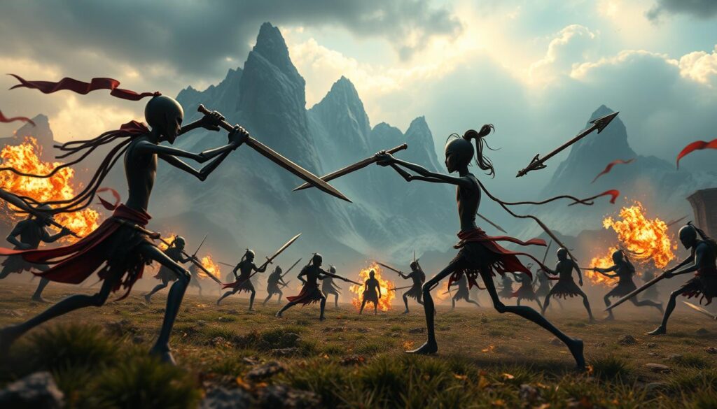 A fierce battle rages on a mystical battlefield, as Stickman warriors engage in a legendary war. In the foreground, two skilled combatants clash, their limbs a blur of motion as they exchange blows with precision and intensity. The middle ground is dotted with smaller Stickman fighters, each wielding unique weapons and engaging in intense skirmishes. In the background, a dramatic landscape unfolds, with towering mountains and a stormy sky providing a dynamic and cinematic backdrop. The scene is illuminated by dramatic lighting, casting dramatic shadows and highlights that heighten the sense of action and drama. The overall mood is one of awe-inspiring combat, where the Stickman Legend War is brought to life in vivid, visceral detail.