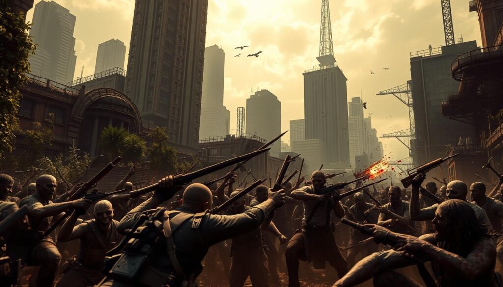 A gritty, post-apocalyptic urban landscape with towering skyscrapers in the background, overgrown with vegetation and crumbling infrastructure. In the foreground, a group of determined survivors engage in intense combat with hordes of bloodthirsty zombies, wielding a variety of melee and ranged weapons. The scene is bathed in a eerie, desaturated color palette, with dramatic lighting casting long shadows and creating a sense of tension and danger. The camera angle is dynamic, capturing the action from multiple perspectives to convey the chaotic nature of the battle. The overall mood is one of grim determination, as the players fight for their lives against the undead menace.