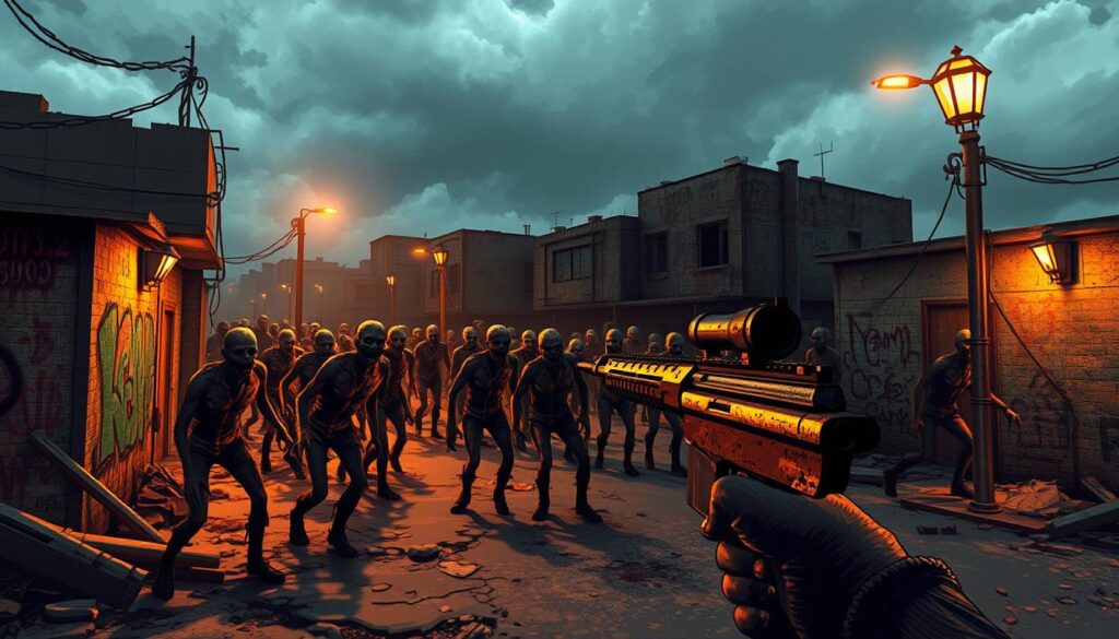 A low-quality, pixelated shooting game scene depicting a group of shambling, decaying zombies stumbling through a dilapidated, graffiti-covered urban landscape. The zombies' movements are jerky and unnatural, their textures rough and jagged. Dim, flickering street lamps cast an eerie, unsettling glow over the scene, while the cloudy sky suggests an impending storm. In the foreground, the player character, a hardened survivor, aims a battered rifle at the approaching horde, ready to unleash a barrage of low-res, pixelated gunfire. The overall atmosphere is one of gritty, low-budget survival horror, evoking the aesthetic of a retro, 8-bit style video game.