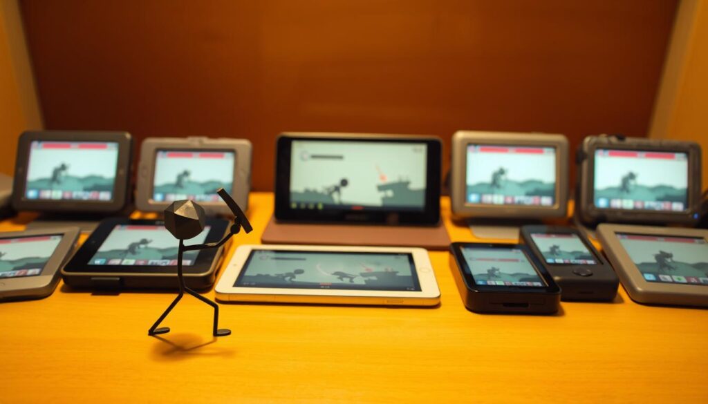 A simplistic 2D stickman game scene playing on a variety of low-end devices. In the foreground, a lone stickman warrior swings a crude weapon, its basic geometric form conveying a minimalist aesthetic. The middle ground features multiple stickman characters engaged in combat, their limited animations and lack of detail reflecting the constraints of low-graphics game design. The background showcases a range of handheld devices, tablets, and older computers, each displaying the stickman game in varying degrees of graphical fidelity, from crisp pixelated clarity to blurred, low-resolution renderings. Warm, muted lighting casts a nostalgic glow, evoking the lo-fi charm of early browser-based games. The overall composition emphasizes the adaptability and accessibility of the stickman game, able to run seamlessly across a diverse array of hardware configurations.