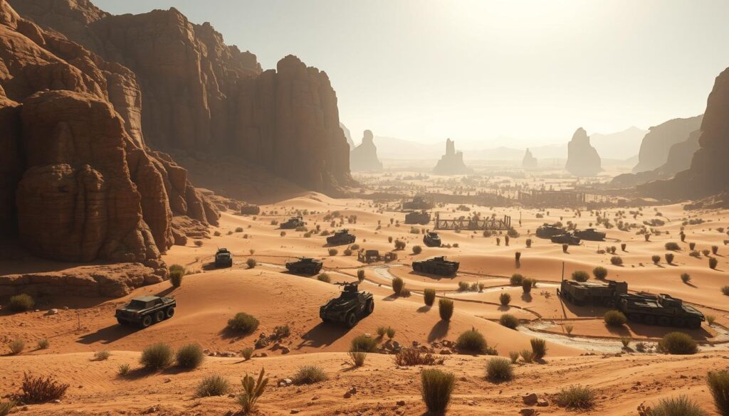A vast desert landscape, sun-baked and shimmering, stretches out before the player. In the foreground, craggy rock formations and towering dunes cast long shadows, creating a sense of depth and scale. Scattered throughout the scene, abandoned military vehicles and ancient ruins hint at a storied past. The middle ground is dotted with sparse vegetation, providing pockets of cover and concealment for the player to navigate. In the distance, a hazy mirage obscures the horizon, adding an air of mystery and the unknown. The lighting is harsh and directional, casting dramatic shadows and highlights that accentuate the rugged terrain. A wide-angle lens captures the grandeur of the environment, inviting the player to explore and uncover its secrets.