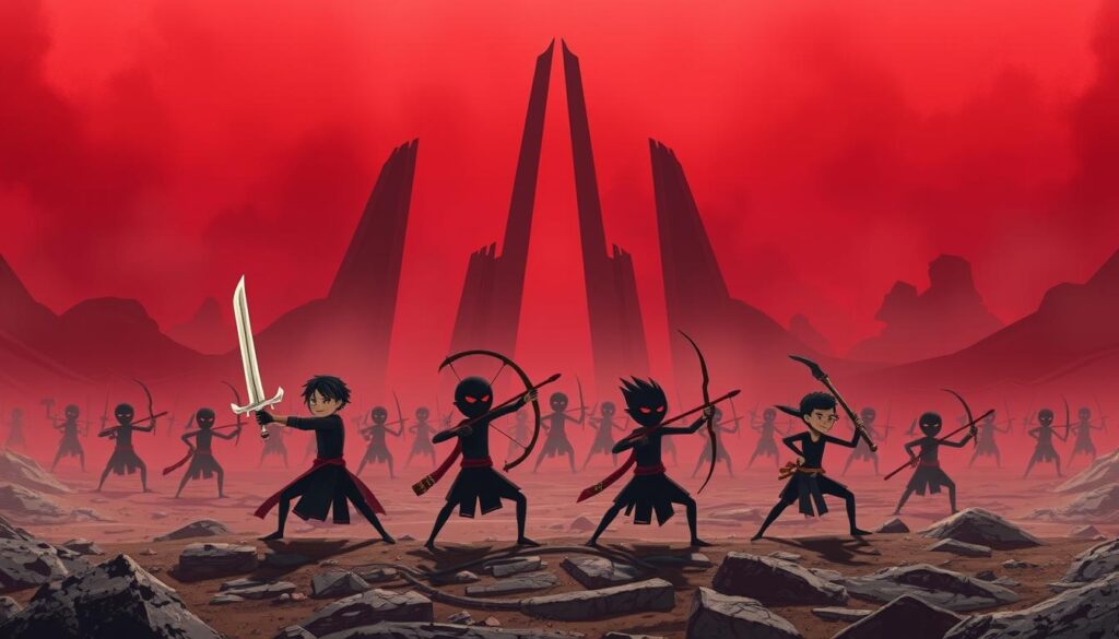 A vast, rugged battlefield stretches out, shrouded in an ominous red haze. In the foreground, a trio of fierce stickman warriors brandish an array of formidable weapons - a gleaming sword, a deadly bow, and a powerful staff. Their expressions are resolute, their movements fluid, as they prepare to engage in an epic clash. In the middle ground, other stickman fighters gather, each wielding unique tools of war - shurikens, maces, and more. The background is dominated by towering, angular structures, hinting at the scale and intensity of this legendary conflict. Dramatic lighting casts dramatic shadows, heightening the sense of drama and tension. This is the Stickman Legend War, where warriors rise to meet the challenge and forge their destinies with the strength of their arms and the sharpness of their blades.